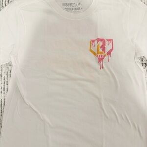 Youth White Graphic Tee with Pink & Yellow Drip Logo